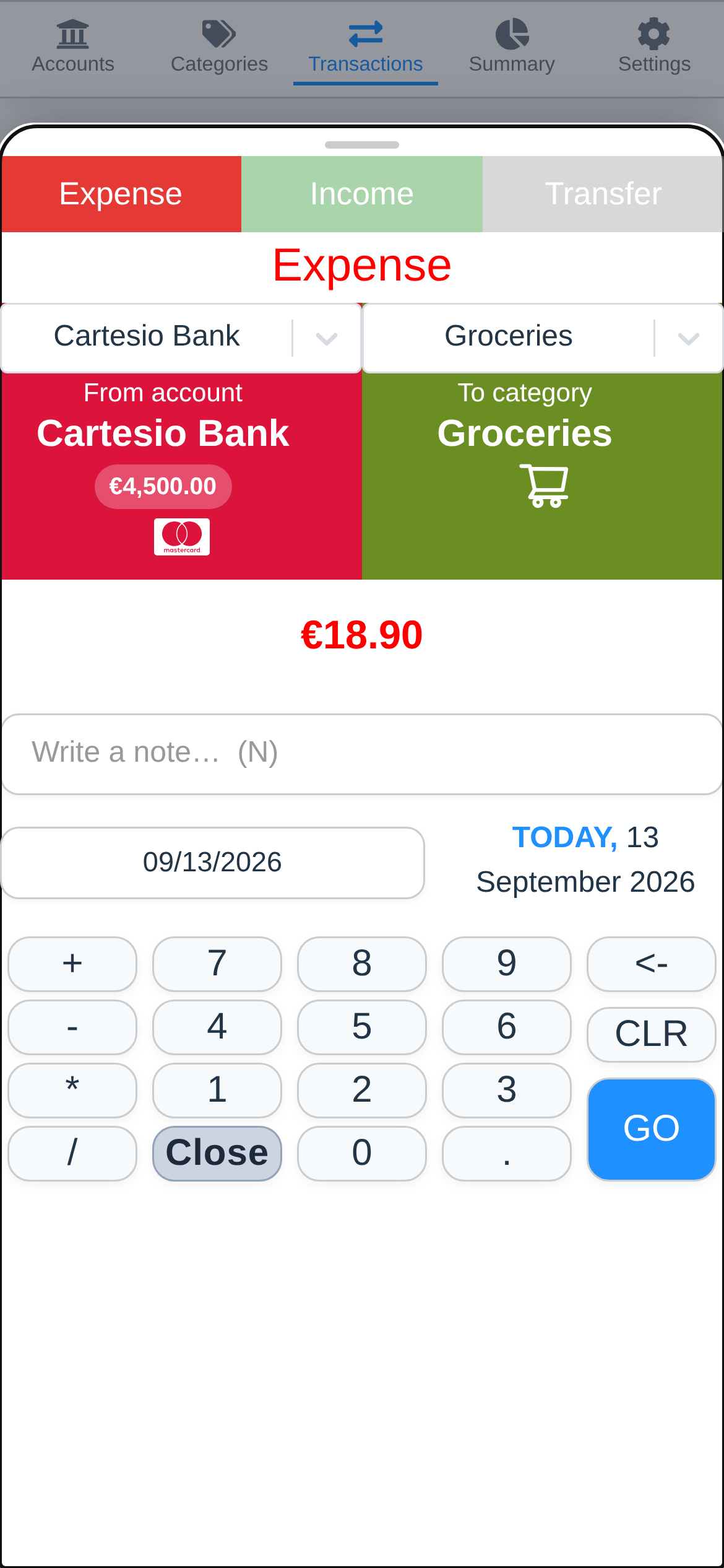 A new expense on the keypad, on a phone