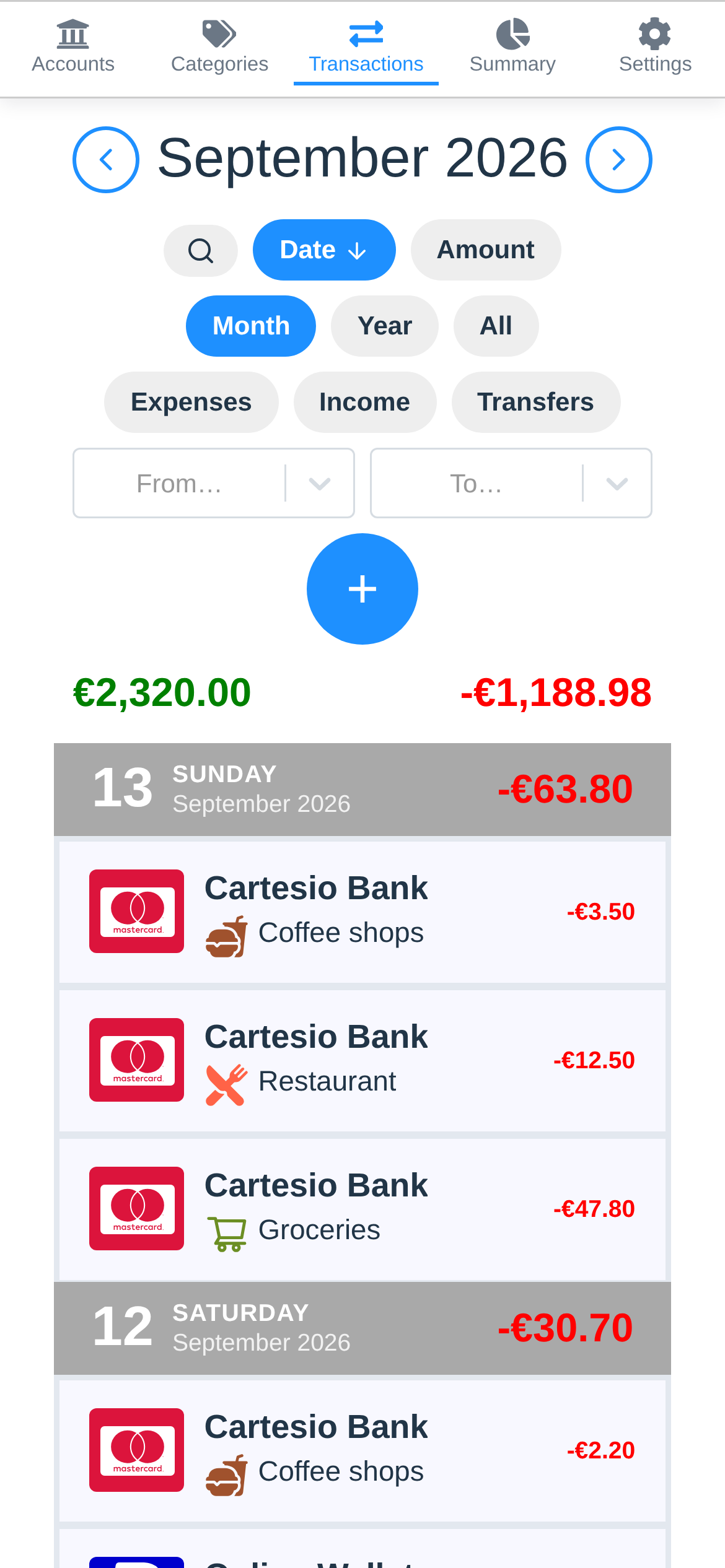 The transaction list on a phone