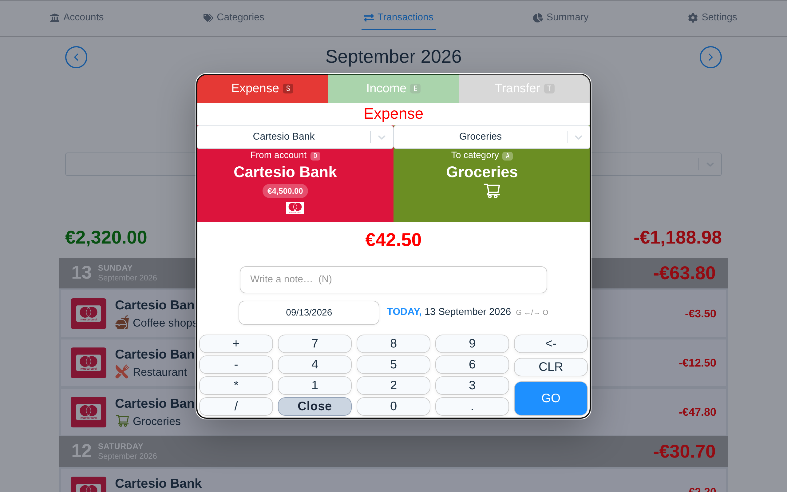 A new expense on the keypad: from Cartesio Bank to Groceries, 42.50